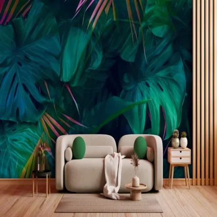 Tropical Teal and Pink Leaves Wall